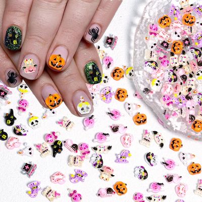 70Pcs Cute Halloween Nail Art Charms 3D Resin Ghost Nail Gems Mini Witch Hat Castle Blood Heart Design Halloween Bat Nail Charms Skull Nail Jewelry Monster Pumpkin Nail Supplies Accessories for Women