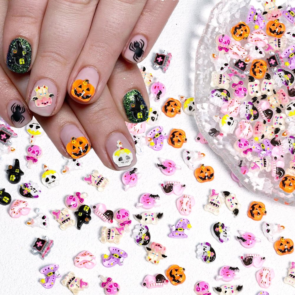 70Pcs Cute Halloween Nail Art Charms 3D Resin Ghost Nail Gems Mini Witch Hat Castle Blood Heart Design Halloween Bat Nail Charms Skull Nail Jewelry Monster Pumpkin Nail Supplies Accessories for Women