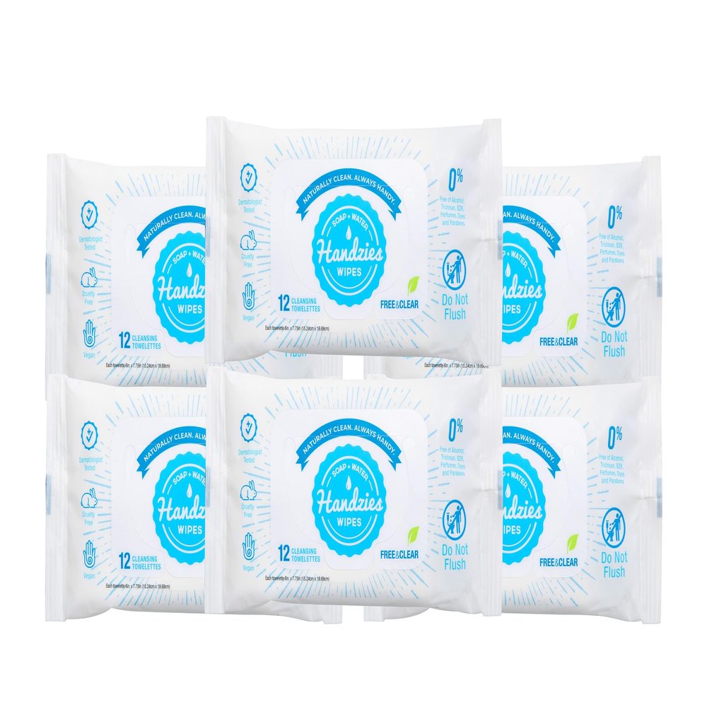 Handzies Natural Soap and Water Cleansing Towelettes- Free&Clear- 12ct Travel Pack- Bundle of 6 (72 total towelettes)
