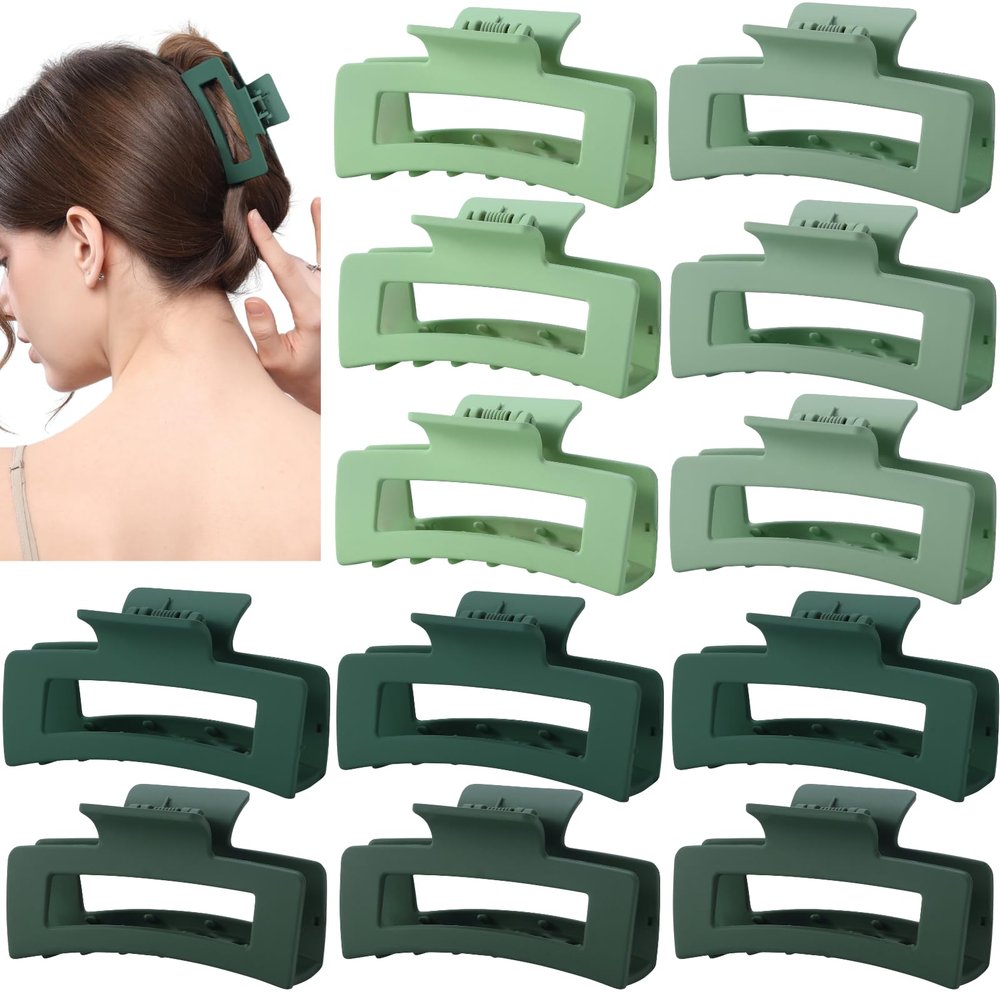 12 Pcs Green Medium Hair Claw Clips for Women, 3.5 Inch Matte Square Jaw Clips, Strong Hold Non-Slip Hair Clips for Thick and Thin Hair