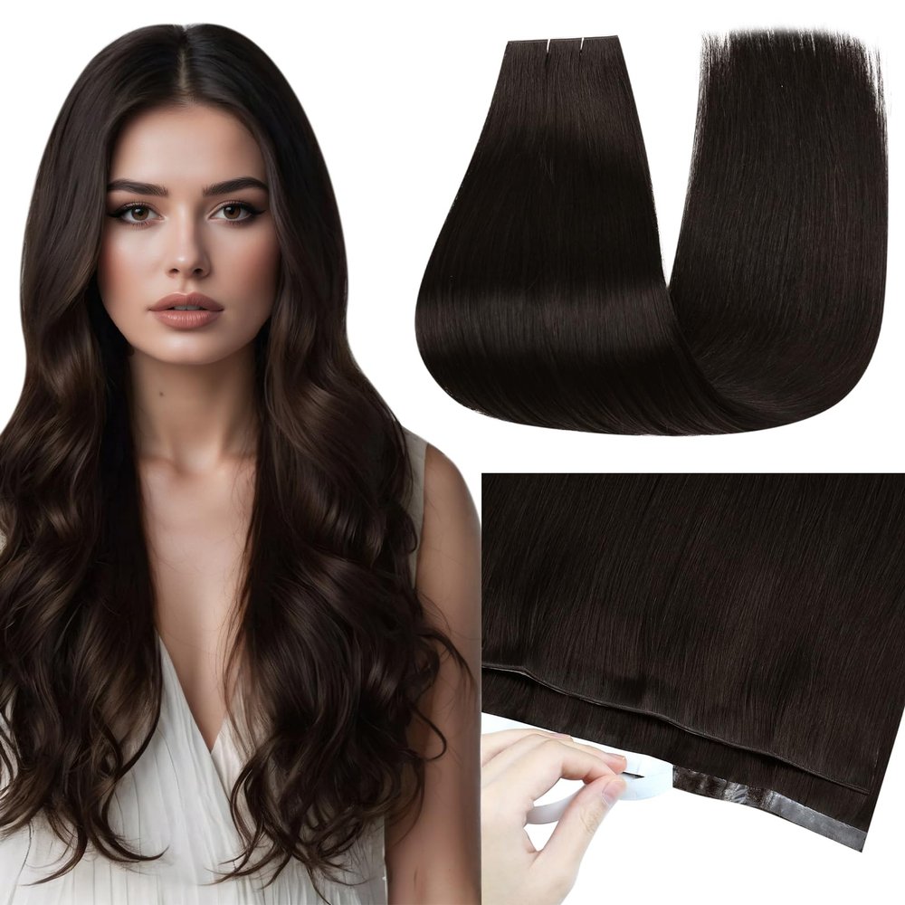 Full Shine Invisible Tape in Hair Extensions Color Dark Brown PU Wide Tape in Weft Hair Extensions Seamless Remy Double Sided Tape ins Extensions 50G 24Inch Straight Hair One Piece for Wedding