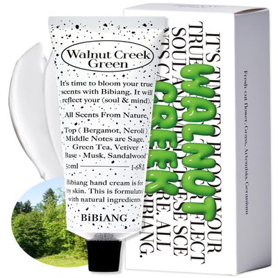 BiBiANG Walnut Creek Green Hand Cream - Korean Hand Care for Moisturizing & Nourishment - Hydrating Hand Care Formula with Forest Bergamot Scent, Shea Butter & Niacinamide - 1.69oz