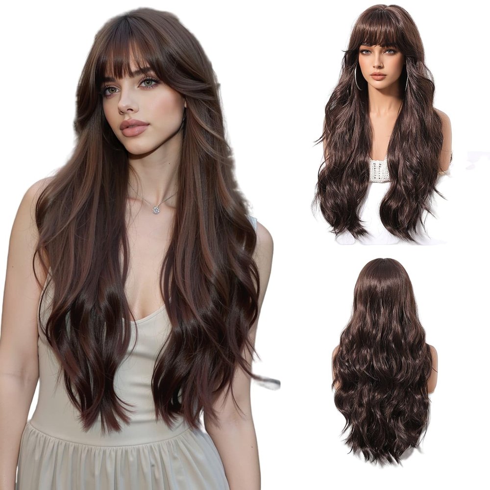 Dark Brown Wig with Bangs - Long Wavy Brunette Wigs for Women, Chocolate Brown Synthetic Heat Resistant Hair, Natural Looking Long Brown Wig - Best Wigs for Halloween/Christmas/Party