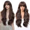 Dark Brown Wig with Bangs - Long Wavy Brunette Wigs for Women, Chocolate Brown Synthetic Heat Resistant Hair, Natural Looking Long Brown Wig - Best Wigs for Halloween/Christmas/Party view 4