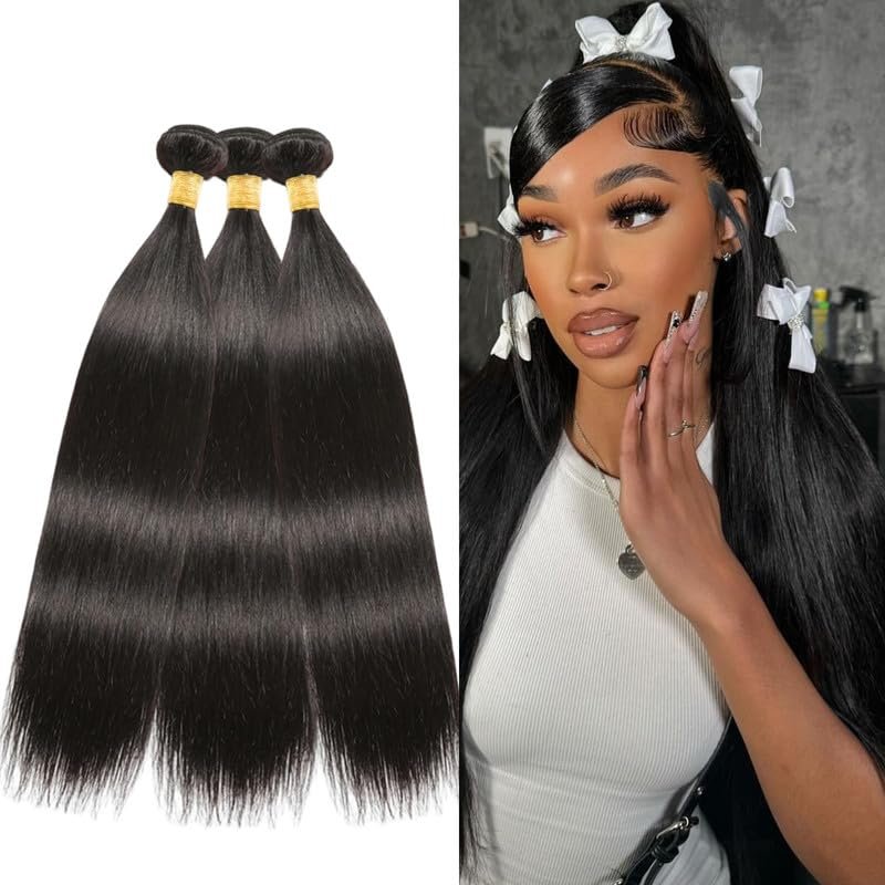 10 12 14 Inch Bundles Human Hair Straight Human Hair Bundles Brazilian Virgin Hair 3 Bundles for Women Wet and Wavy Hair Weave Extensions Natural Black