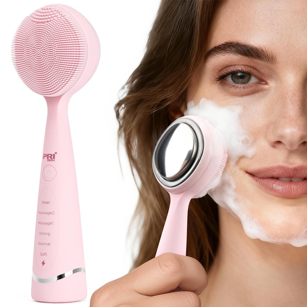 PRITECH Facial Cleansing Brush, Rechargeable Silicone Face Scrubber with Constant-Temperature Heating, Vibrating Exfoliator Scrubber for Deep Pore Cleaning, Waterproof Face Brush for Women & Men -Pink