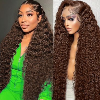 13x4 Chocolate Brown Lace Front Wigs for Black Women 4# Deep Wave Lace Front Wig Human Hair 180% Density Brown Curly Wig (32inch)