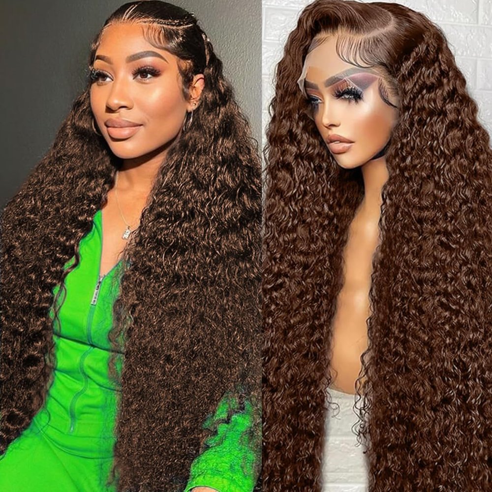 13x4 Chocolate Brown Lace Front Wigs for Black Women 4# Deep Wave Lace Front Wig Human Hair 180% Density Brown Curly Wig (32inch)