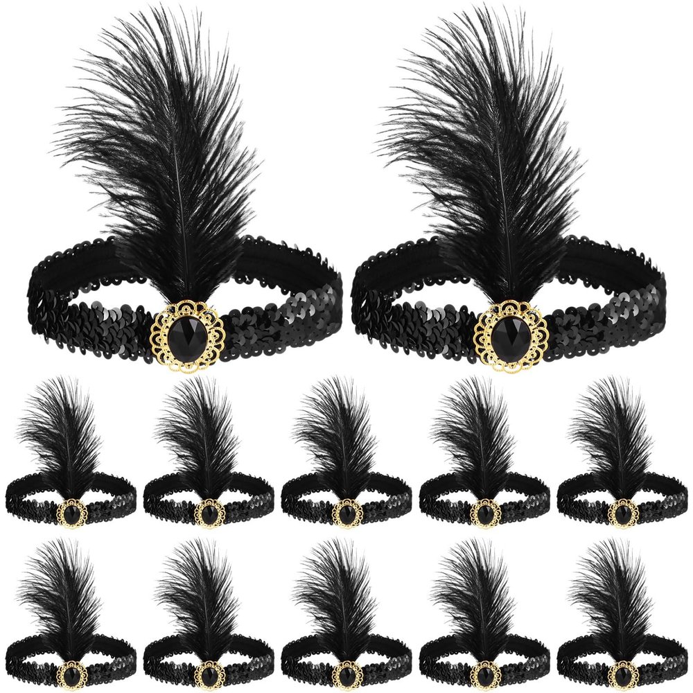 12 Pcs Black Feather 1920S Flapper Headbands For Women, Vintage-Inspired Hair Accessories
