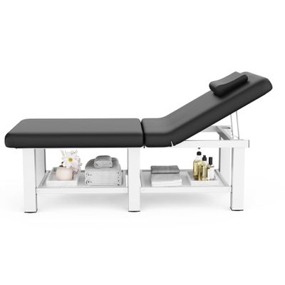 30.5'' Wide  75'' Long Folding Stationary Massage Table with Backrest and Storage Space for Treatment Table Physical Therapy Table Spa Facial Bed, 6 Square legs, Metal Frame PU Leather - Black