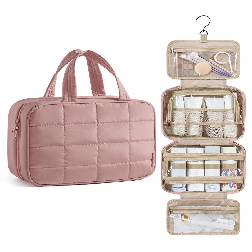 BAGSMART Travel Toiletry Bag for Women, Hanging Travel Bag for Toiletries, Puffy Makeup Cosmetic Bag Organizer, Carry-on Travel Accessories Essentials, Dark Pink