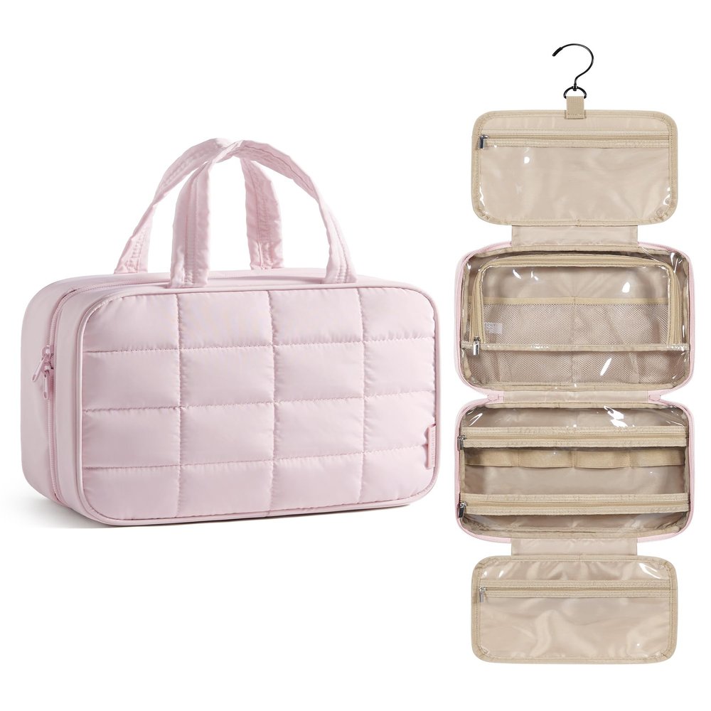 BAGSMART Travel Toiletry Bag for Women, Hanging Travel Bag for Toiletries, Puffy Makeup Cosmetic Bag Organizer, Carry-on Travel Accessories Essentials, Pink