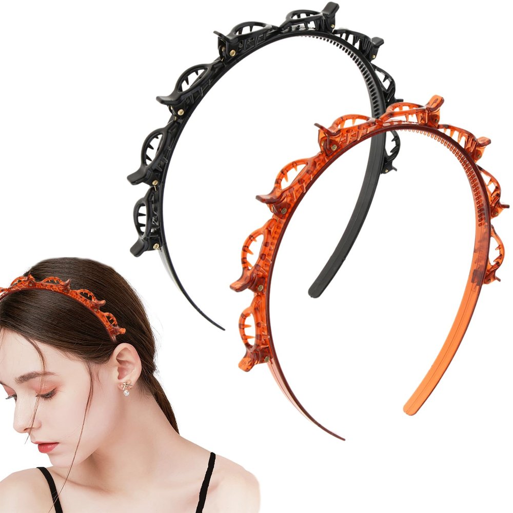 2PCS Headband With Clips, Braid Headbands for Women Bangs Hairstyle Hair Clip, Professional Weave Bangs Clip, Toothed Headband Braid Tool for Women Girls Black Brown Hair Styling Accessories