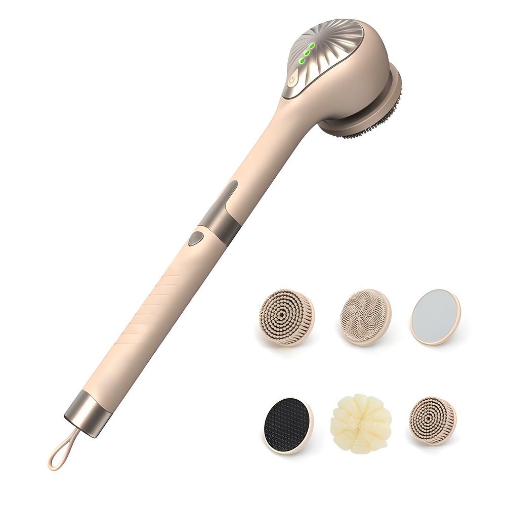 Electric Body Brush Back Scrubber for Shower, Waterproof Long Handle Power Body Scrubber with 6 Heads, Rechargeable Bath Brush & 3 Speeds, for Cleansing, Exfoliating and Massaging Skin (Yellow)