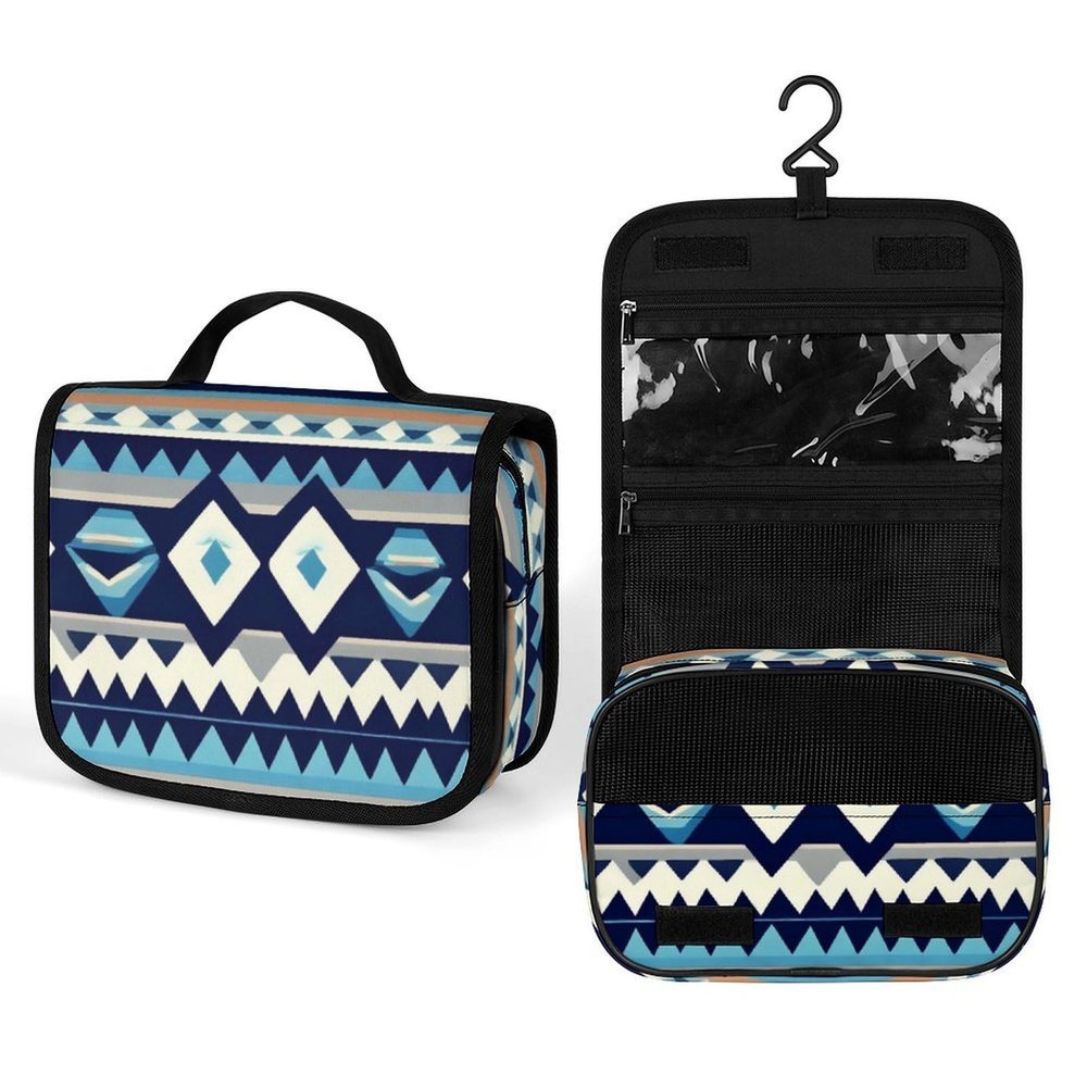 Hanging Travel Toiletry Bag Large Capacity Cosmetic Organizer for Women Men for Daily Use (Colorful Surf Blue Tribal Navajo Aztec Geometric Ethnic Pattern)