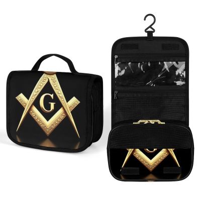 WOEZKEX Gold Freemason Freemasonry Masonic Travel Toiletry Bag for women Portable Hanging Organizer for Travel-Sized Shampoo, Conditioner, Brushes Set, Makeup Accessories