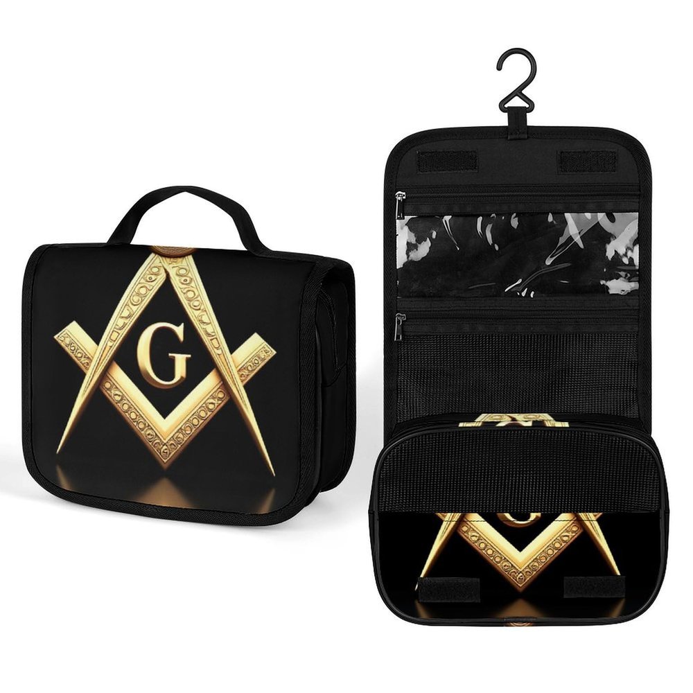 WOEZKEX Gold Freemason Freemasonry Masonic Travel Toiletry Bag for women Portable Hanging Organizer for Travel-Sized Shampoo, Conditioner, Brushes Set, Makeup Accessories