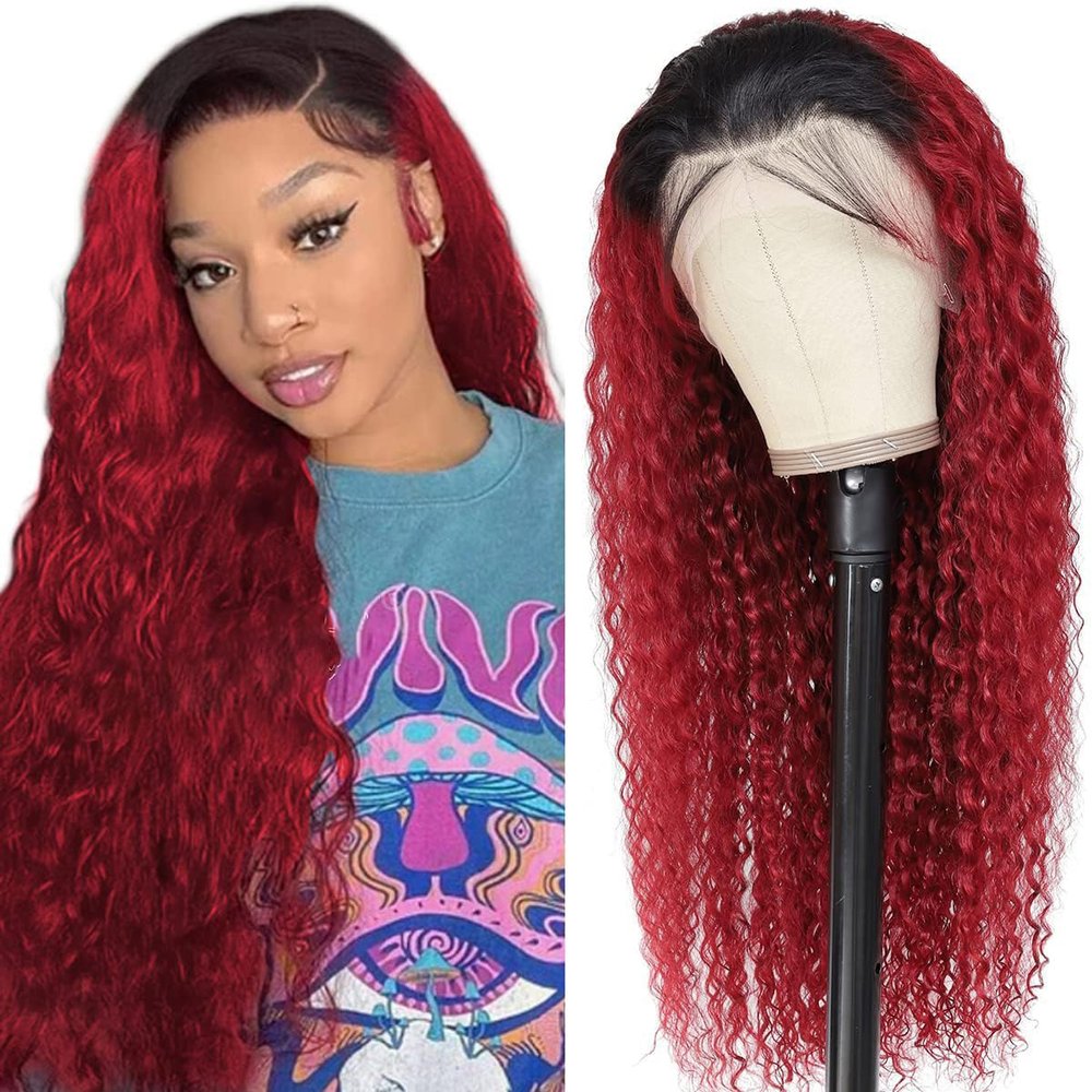 13x4 Burgundy Lace Front Wigs Human Hair 1B99J Ombre Lace Front Wig Human Hair Pre Plucked Dark Root Colored Wig 180% Density (32inch)