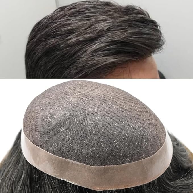 Hair Wonders Mens Toupee Human Hair Replacement System for Men Fine Mono Mens Toupee Hairpiece Durable NPU Man Hair Pieces Units Male Wigs7''X10''-120% Density 240# DARKEST BROWN+40% GREY
