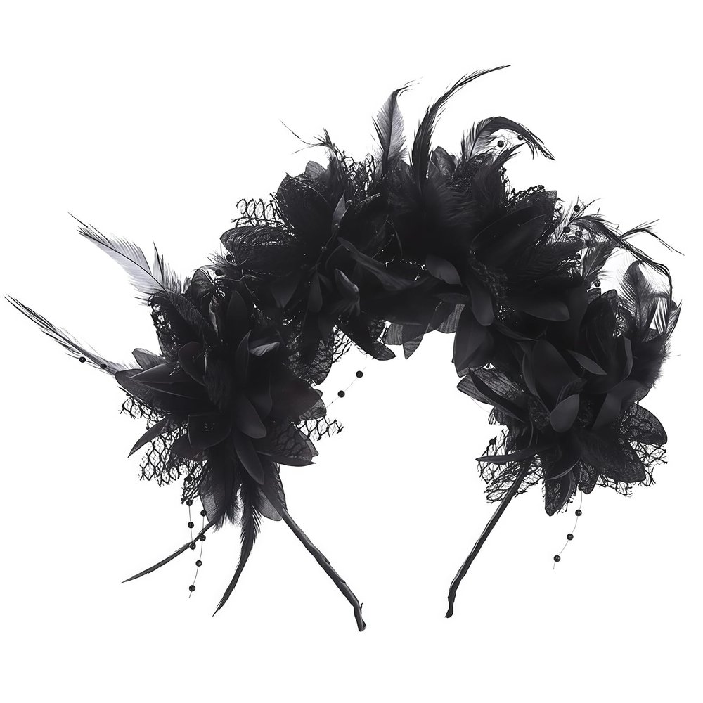 VASANA Halloween Black Flower Headband with Feather Mexican Floral Headpiece Gothic Dark Crown Hair Accessories for Cosplay Party Costume Dress up Photo Props