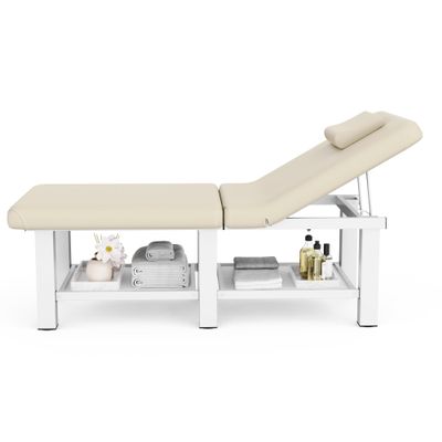 30.5'' Wide 75'' Long Folding Stationary Massage Table with Backrest and Storage Space for Treatment Table Physical Therapy Table Spa Facial Bed, 6 Square legs, Metal Frame PU Leather - Beige Gray