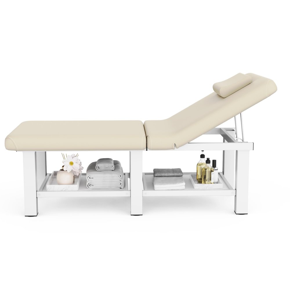 30.5'' Wide  75'' Long Folding Stationary Massage Table with Backrest and Storage Space for Treatment Table Physical Therapy Table Spa Facial Bed, 6 Square legs, Metal Frame PU Leather - Beige Gray