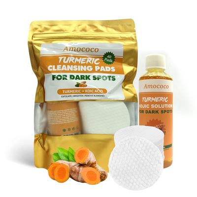 Amococo Turmeric Cleansing Kit | Kojic Acid & Turmeric Extract Pads + Solution | Gentle Exfoliation | 40 Pads + 16.9 fl oz Liquid