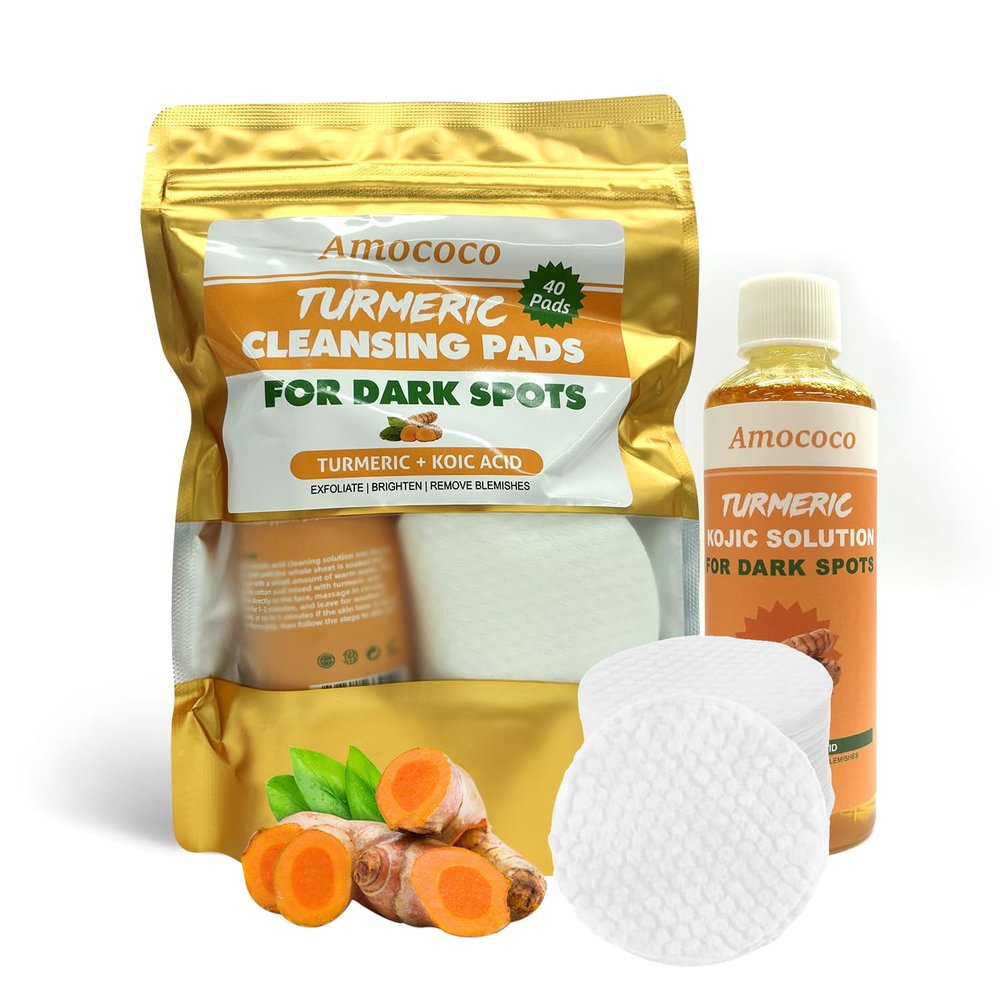 Amococo Turmeric Cleansing Kit | Kojic Acid & Turmeric Extract Pads + Solution | Gentle Exfoliation | 40 Pads + 16.9 fl oz Liquid