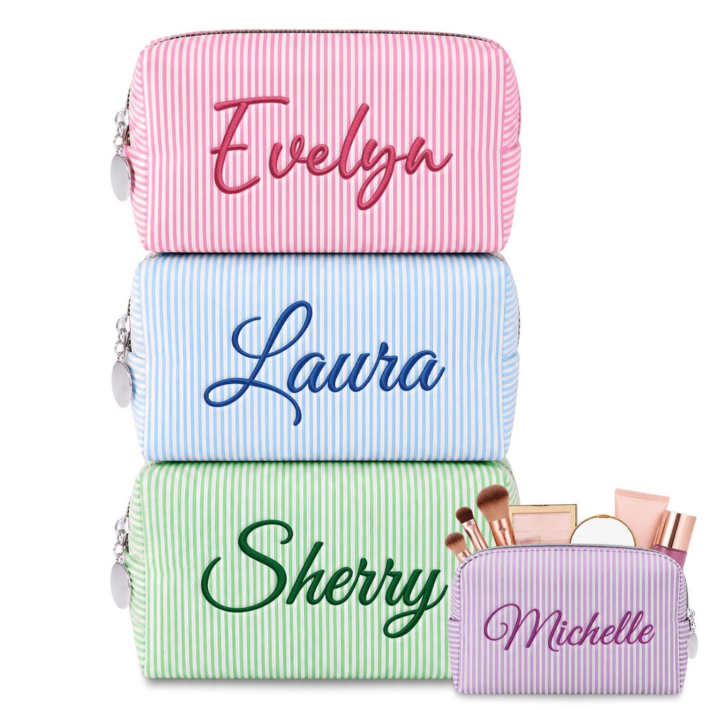 DayOfShe Personalized Makeup Bag Embroidered with Name Bridesmaids Gifts,Custom Seersucker Travel Cosmetic Pouch Toiletry Bag for Women Girls Birthday,Emergency Bag for Girls
