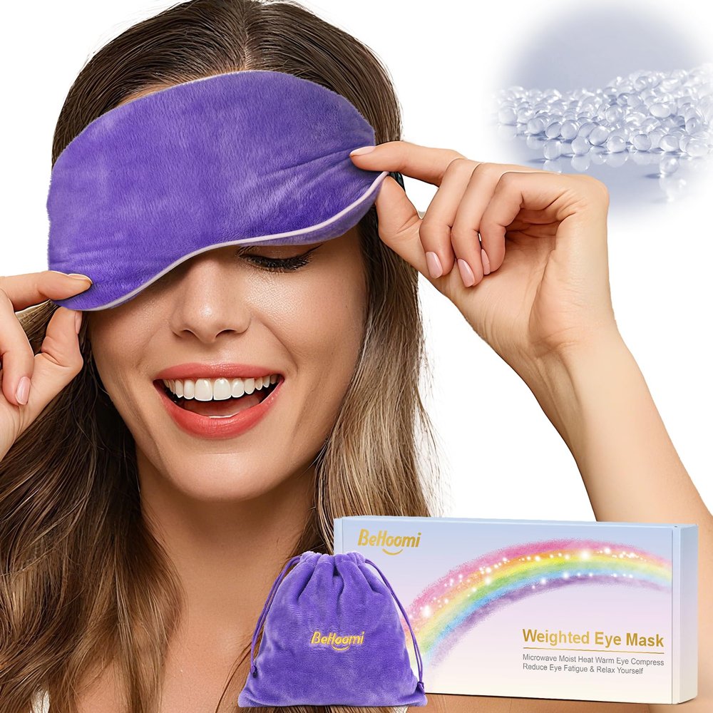BeHoomi Heated Eye Mask Warm Compress for Eyes, Soothing Weighted Eye Mask for Sleeping, Microwave Moist Heating Pad Hot Compress for Eyes Relaxation, Reusable Sleep Mask for Home, Office (Purple)