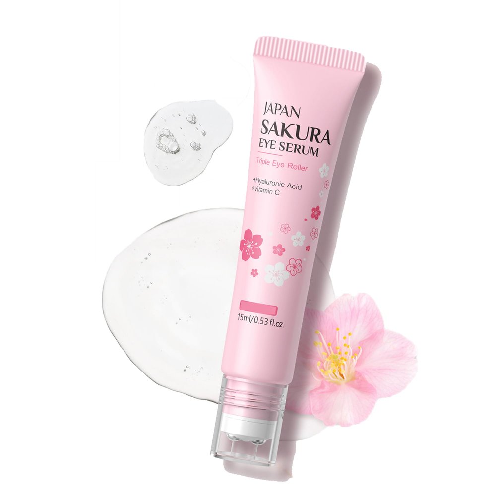 AKARY Sakura Eye Serum for Dark Circles, Dryness, Hydrating, Smoothing Fine Lines, Firming with Triple Ice Roller for Puffy Eyes & Under Eye Bags, Skin Care for Women & Men