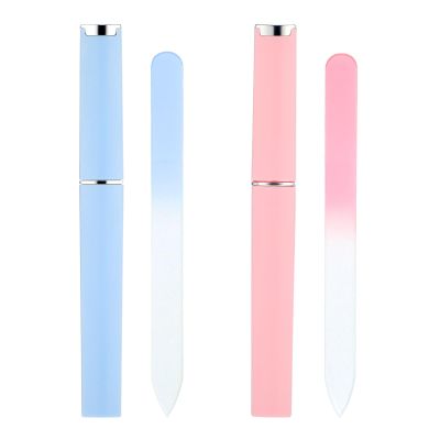 2 Pack Glass Nail Files for Natural Nails, Double Sided Glass Files for Nails, Crystal Nail File with Case (Pink+Blue)