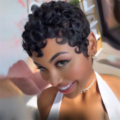 PENDORISYS Pixie Cut Wig For Black Women Short Layered Curly Wavy Pixie Cut Human Hair Wigs Brazilian Virgin Human Hair Glueless Women Wigs With Bangs Natural Black Color for Daily UseBlack
