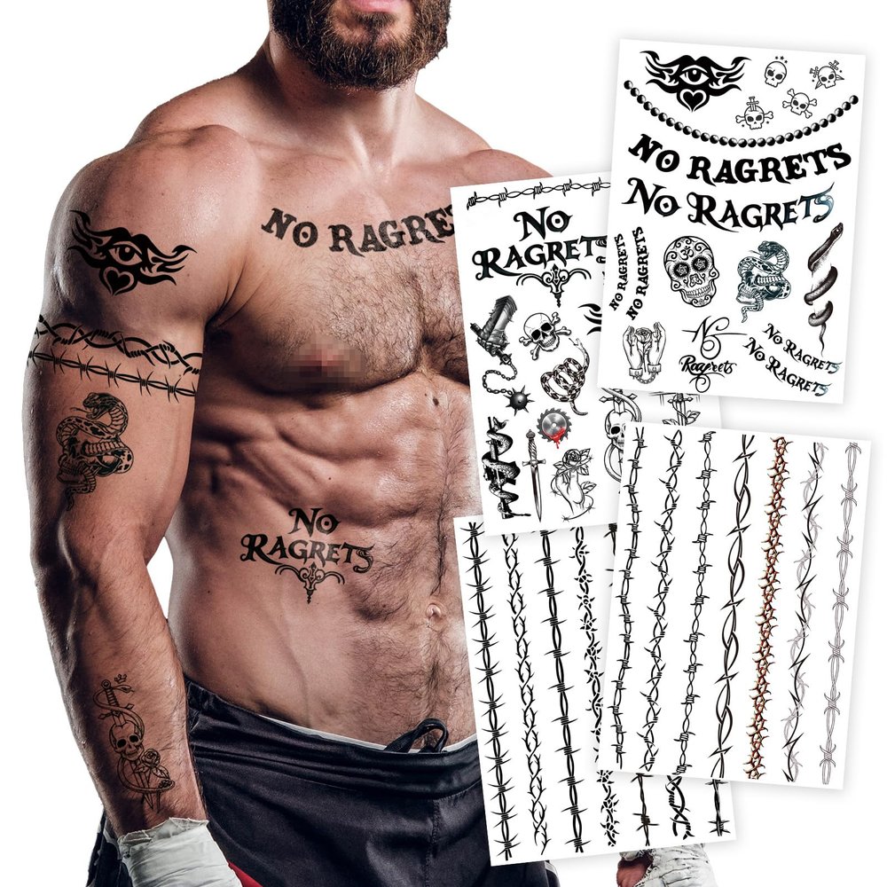 No Ragrets & Barbed Wire Halloween Temporary Tattoos 4 Sheets - Realistic Tattoo Stickers Arm Bands, Spine & Neck Costume for Scary Funny Adult Women Men Parties