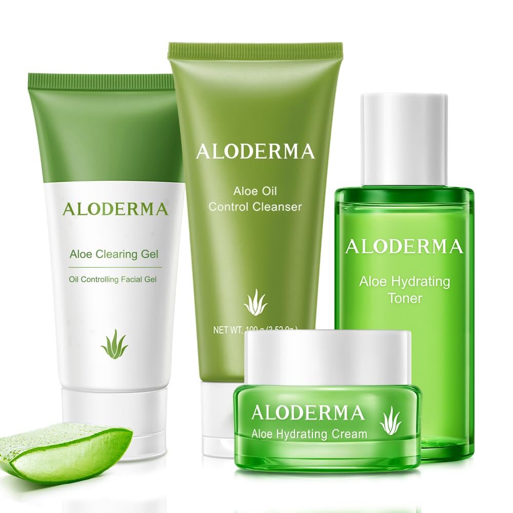 Aloderma Aloe Oil Controlling Set, 4 pcs - Aloe Clearing Gel, Oil Controlling Cleanser, Hydrating Cream, Hydrating Toner