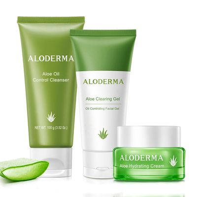 Aloderma Aloe Oil Controlling Set, 3 pcs - Aloe Clearing Facial Gel, Oil Controlling Cleanser, Hydrating Cream