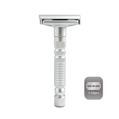 Adjustable double-edged safety razor with 10 platinum-plated stainless steel razor blades + optional stand + complimentary holster, reusable razor, smooth close shave (Silver)