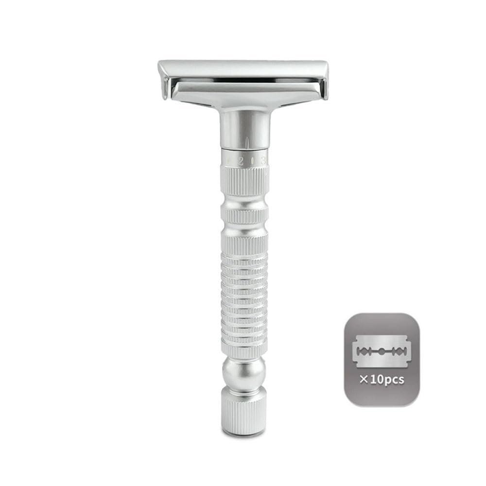 Adjustable double-edged safety razor with 10 platinum-plated stainless steel razor blades + optional stand + complimentary holster, reusable razor, smooth close shave (Silver)