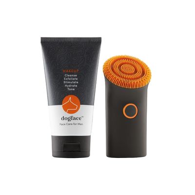 Dogface Essentials Kit Plus Technobrush & Wakeup Gel Cleanser Mens Red Light Electric Facial Brush with Silicone Bristles to Exfoliate, Cleanse, Hydrate & Tone Skin Daily Free Shower Caddy 5.3oz