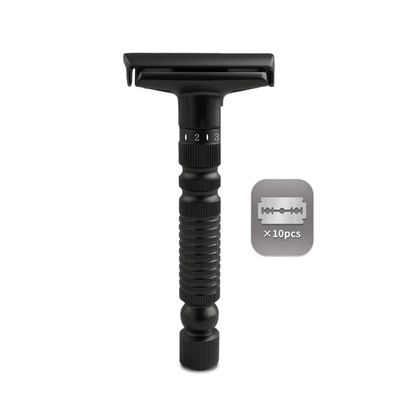 Adjustable double-edged safety razor with 10 platinum-plated stainless steel razor blades + optional stand + complimentary holster, reusable razor, smooth close shave (Black)
