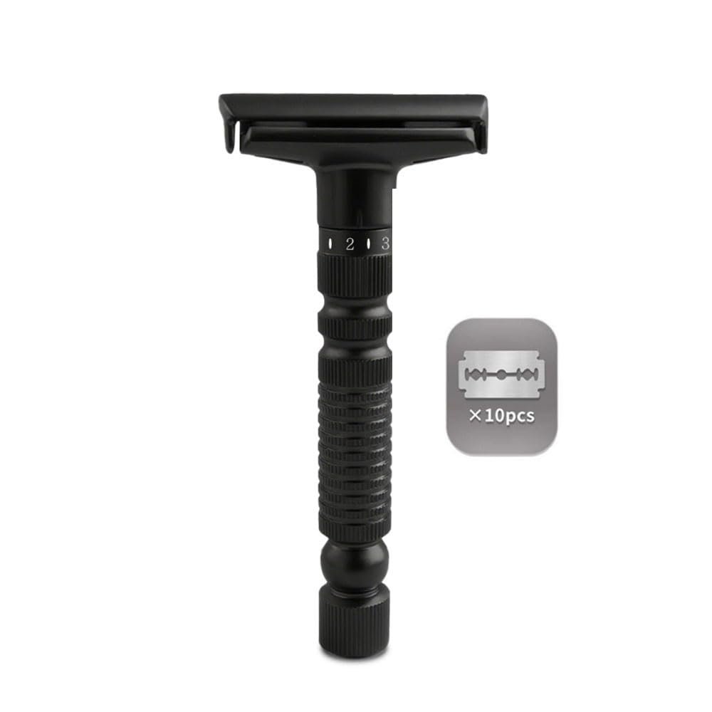Adjustable double-edged safety razor with 10 platinum-plated stainless steel razor blades + optional stand + complimentary holster, reusable razor, smooth close shave (Black)