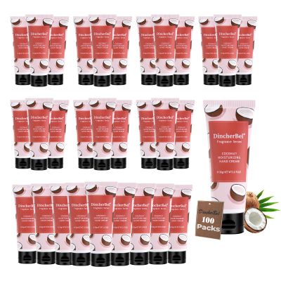DincherBel 100 Pack Coconut Moisturizing Hand Cream Bulk - Travel Size Non-Greasy Hand Lotion Set for Dry Skin, Instant Hydrating Hand Care for Women, 1.0 oz/30 ml