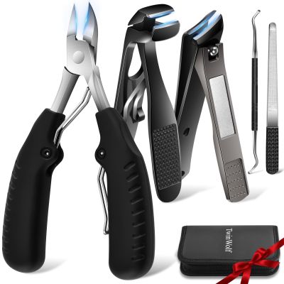 TwinWolf Toenail Clippers for Seniors Thick Ingrown Toenails,Heavy Duty Slanted Curved Blade Cutters for Fingernails, Large Ultra Sharp Nail Clippers Set with Wide Jaw for Men Women,5 Pcs,Black
