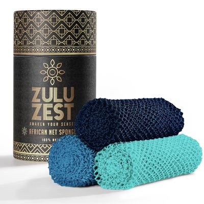 African Net Sponge Authentic 3 Pack, Body Scrubber Exfoliating Bath Sponge for Face and Body, Quick Drying Mesh Body Scrub for All Skin Types, Durable and Travel Friendly (Dark Blue, Blue, Turquoise)