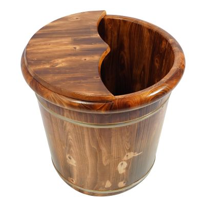 15.75'' Wood Foot Bath Bucket, Brown Solid Wood Handmade Foot Soak Tub, Soak Bucket with Massage Beads & Lid for Foot Soaking and Foot Massage, Wooden Foot Soaking Tub with Heat Retention