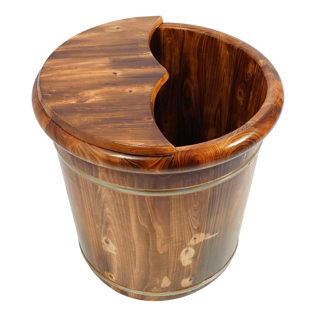 15.75'' Wood Foot Bath Bucket, Brown Solid Wood Handmade Foot Soak Tub, Soak Bucket with Massage Beads & Lid for Foot Soaking and Foot Massage, Wooden Foot Soaking Tub with Heat Retention
