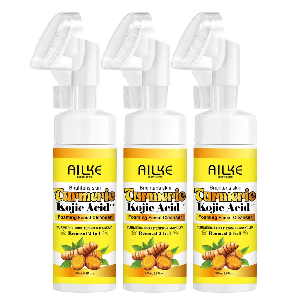 AILKE Brightening Foaming Facial Cleanser, With Natural Turmeric, Kojic Acid, Remove Makeup Residue and Acne, Clean Skin,160 ml (Pack of 3)