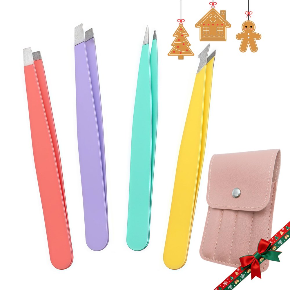[4+1 Pieces] Tweezers set with pink travel case,Professional Facial Hair Tweezers,Daily Grooming & Plucking Tools for Men & Women,Multi-purpose as Eyebrows Facial Hair Ingrown Hair Removal,Fine Gifts