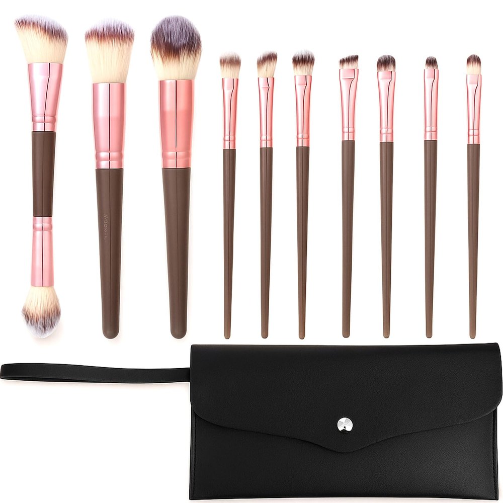 10Pcs Make up Brushes Set, Brush for Makeup with Angled/Round Tops, Brown Champagne Gold for Liquid Powder Cream Blending