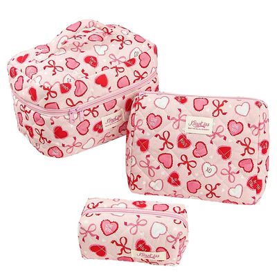 3pcs Women Cotton Quilted Makeup Bag Set Travel Toiletry Bag (Love XO-M)